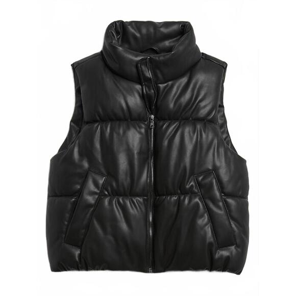 NWT Banana Republic Black Vegan Leather Puffer Zip Up Vest- Size XS - Picture 2 of 9